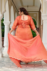 Exclusive Sunset Glow Hand-Embroidered Orange Kurta Set with Scalloped Dupatta