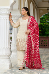 Exclusive Festive - Regal Ivory Embroidered Kurta Set with Contrast Dupatta