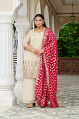 Exclusive Festive - Regal Ivory Embroidered Kurta Set with Contrast Dupatta