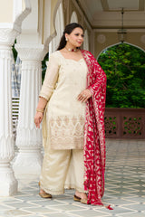 Exclusive Festive - Regal Ivory Embroidered Kurta Set with Contrast Dupatta