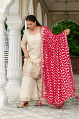 Exclusive Festive - Regal Ivory Embroidered Kurta Set with Contrast Dupatta