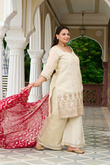 Exclusive Festive - Regal Ivory Embroidered Kurta Set with Contrast Dupatta