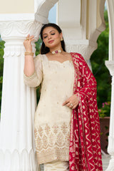 Exclusive Festive - Regal Ivory Embroidered Kurta Set with Contrast Dupatta