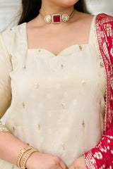 Exclusive Festive - Regal Ivory Embroidered Kurta Set with Contrast Dupatta