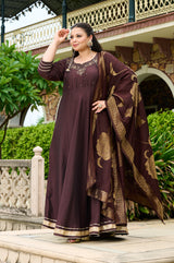 Plus Size Zohra Chocolate Brown Anarkali Set with Zari Brocade Dupatta