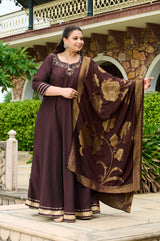 Plus Size Zohra Chocolate Brown Anarkali Set with Zari Brocade Dupatta