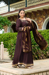 Plus Size Zohra Chocolate Brown Anarkali Set with Zari Brocade Dupatta