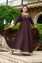 Plus Size Zohra Chocolate Brown Anarkali Set with Zari Brocade Dupatta