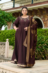Plus Size Zohra Chocolate Brown Anarkali Set with Zari Brocade Dupatta