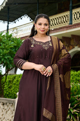 Plus Size Zohra Chocolate Brown Anarkali Set with Zari Brocade Dupatta