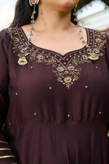 Plus Size Zohra Chocolate Brown Anarkali Set with Zari Brocade Dupatta