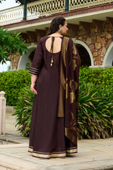 Plus Size Zohra Chocolate Brown Anarkali Set with Zari Brocade Dupatta
