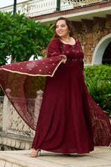 Plus Size Gulnaar Rust Anarkali Set with Sequin Work Dupatta