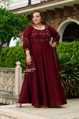 Plus Size Gulnaar Rust Anarkali Set with Sequin Work Dupatta