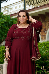 Plus Size Gulnaar Rust Anarkali Set with Sequin Work Dupatta