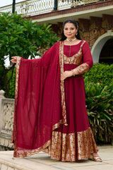 Plus Size Elegant Maroon Foil Printed Anarkali Set with Dupatta