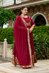 Plus Size Elegant Maroon Foil Printed Anarkali Set with Dupatta