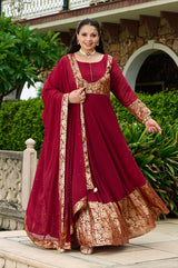 Plus Size Elegant Maroon Foil Printed Anarkali Set with Dupatta