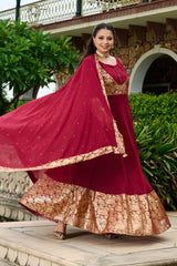 Plus Size Elegant Maroon Foil Printed Anarkali Set with Dupatta