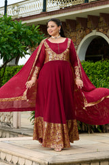 Plus Size Elegant Maroon Foil Printed Anarkali Set with Dupatta