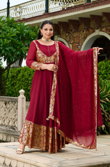 Plus Size Elegant Maroon Foil Printed Anarkali Set with Dupatta