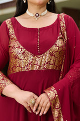 Plus Size Elegant Maroon Foil Printed Anarkali Set with Dupatta