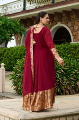 Plus Size Elegant Maroon Foil Printed Anarkali Set with Dupatta