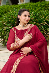 Plus Size Elegant Maroon Foil Printed Anarkali Set with Dupatta