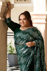 Plus Size Emerald Sequin Ready-to-Wear Drape Saree with Stitched Blouse