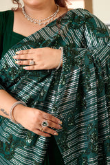 Plus Size Emerald Sequin Ready-to-Wear Drape Saree with Stitched Blouse