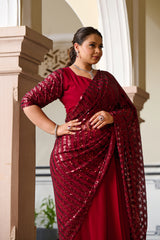 Plus Size Rouge Radiance Timeless Maroon Sequin Ready to Wear Drape Saree