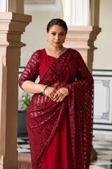 Plus Size Rouge Radiance Timeless Maroon Sequin Ready to Wear Drape Saree