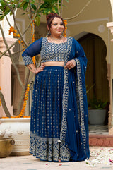 Plus Size Teal Noir Embroidered Georgette Lehenga Choli with Sheer Dupatta