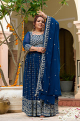 Plus Size Teal Noir Embroidered Georgette Lehenga Choli with Sheer Dupatta