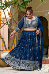 Plus Size Teal Noir Embroidered Georgette Lehenga Choli with Sheer Dupatta