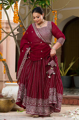 Plus Size Festive Stunner Maroon Majesty Embroidered Lehenga Choli with Dupatta Set