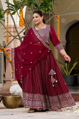 Plus Size Festive Stunner Maroon Majesty Embroidered Lehenga Choli with Dupatta Set