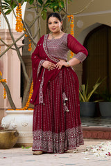 Plus Size Festive Stunner Maroon Majesty Embroidered Lehenga Choli with Dupatta Set