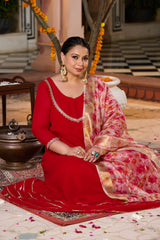 Plus Size Gulnaar Red Anarkali Kurta Set with Floral Organza Dupatta