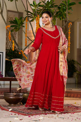 Plus Size Gulnaar Red Anarkali Kurta Set with Floral Organza Dupatta