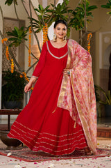 Plus Size Gulnaar Red Anarkali Kurta Set with Floral Organza Dupatta