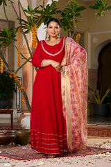 Plus Size Gulnaar Red Anarkali Kurta Set with Floral Organza Dupatta