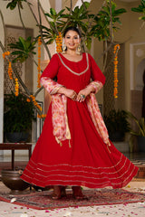 Plus Size Gulnaar Red Anarkali Kurta Set with Floral Organza Dupatta