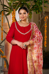 Plus Size Gulnaar Red Anarkali Kurta Set with Floral Organza Dupatta
