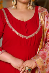 Plus Size Gulnaar Red Anarkali Kurta Set with Floral Organza Dupatta