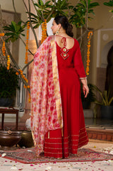 Plus Size Gulnaar Red Anarkali Kurta Set with Floral Organza Dupatta