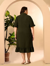 Plus Size Mehendi Green Crinkle Collared Dress
