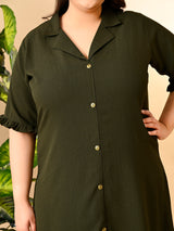 Plus Size Mehendi Green Crinkle Collared Dress