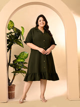 Plus Size Mehendi Green Crinkle Collared Dress
