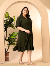 Plus Size Mehendi Green Crinkle Collared Dress